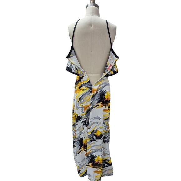 70s Vtg Leslie J  Halter Dress Blk/Wht/Yellow Watercolor Floral Maxi S - Picture 4 of 5